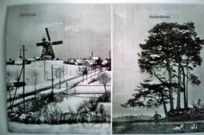 alte Postkarte von der Holländerwindmühle und dem Kuckucksstuhl in Jerichow